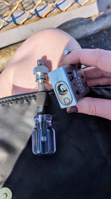 Alice is holding an "American" brand chrome padlock with a tubular core. In their lap is a sonic screwdriver, er, I mean tubular lockpick.