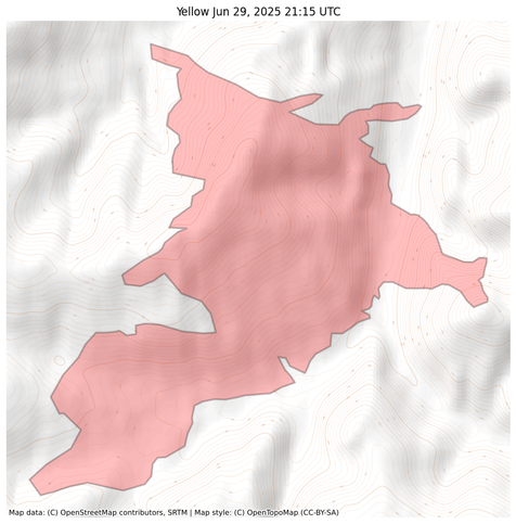 Visual map representation of the Yellow wildfire, showing the perimeters of the 1362.9319639410962 acre fire on a map.