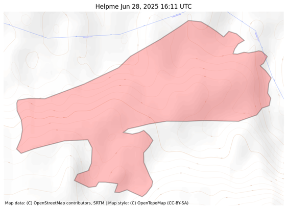 Visual map representation of the Helpme wildfire, showing the perimeters of the 335.7884995737345 acre fire on a map.