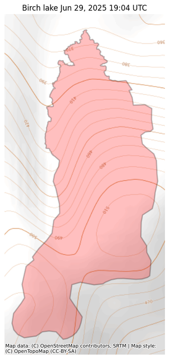 Visual map representation of the Birch lake wildfire, showing the perimeters of the 70.98520073865689 acre fire on a map.
