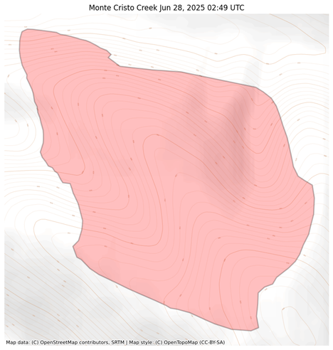 Visual map representation of the Monte Cristo Creek wildfire, showing the perimeters of the 440.31710579198835 acre fire on a map.