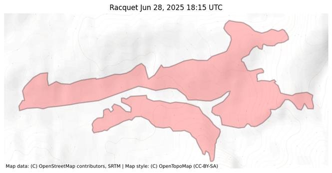 Visual map representation of the Racquet wildfire, showing the perimeters of the 701.4321615416783 acre fire on a map.