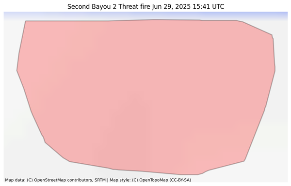 Visual map representation of the Second Bayou 2 Threat fire wildfire, showing the perimeters of the 1.91 acre fire on a map.