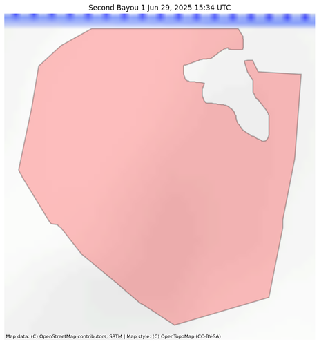 Visual map representation of the Second Bayou 1 wildfire, showing the perimeters of the 8.32 acre fire on a map.