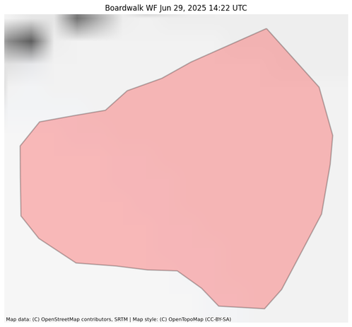 Visual map representation of the Boardwalk WF wildfire, showing the perimeters of the 0.5 acre fire on a map.
