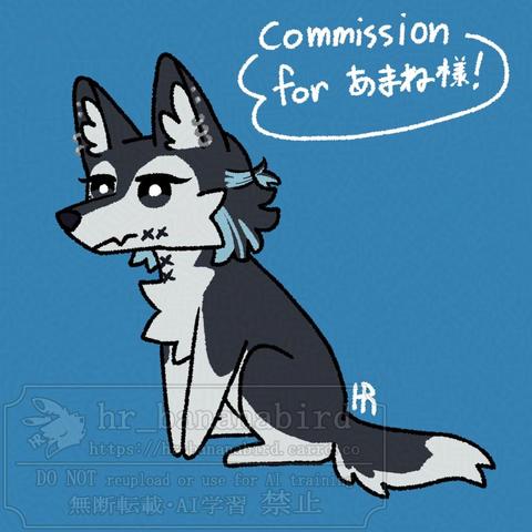 Digital art of a stylized black and white Siberian Husky with several piercings in his ears, and X shaped stitches in his cheek and throat. He is sitting with a relaxed, blank expression on his face. The background is colored blue, and on the top right is the text "Commission for Amane!" written in white letters.