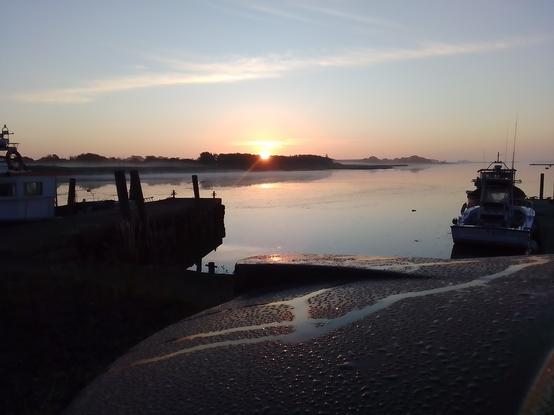 The sun rising over the trees behind the sea wall
