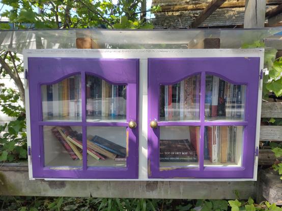 Foto 1. Dubbel kastje, twee paarse deurtjes, twee planken met boeken. De bovenste plank is goed gevuld, onderin is wat leger en staan/liggen boeken schuin.

De deurtjes zijn dicht