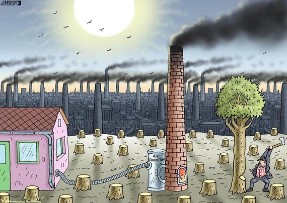 Cartoon showing a house using an air conditioner connected to a chimney emitting smoke, surrounded by tree stumps and factories, as a person is busy cutting down the last standing tree to feed into the chimney.