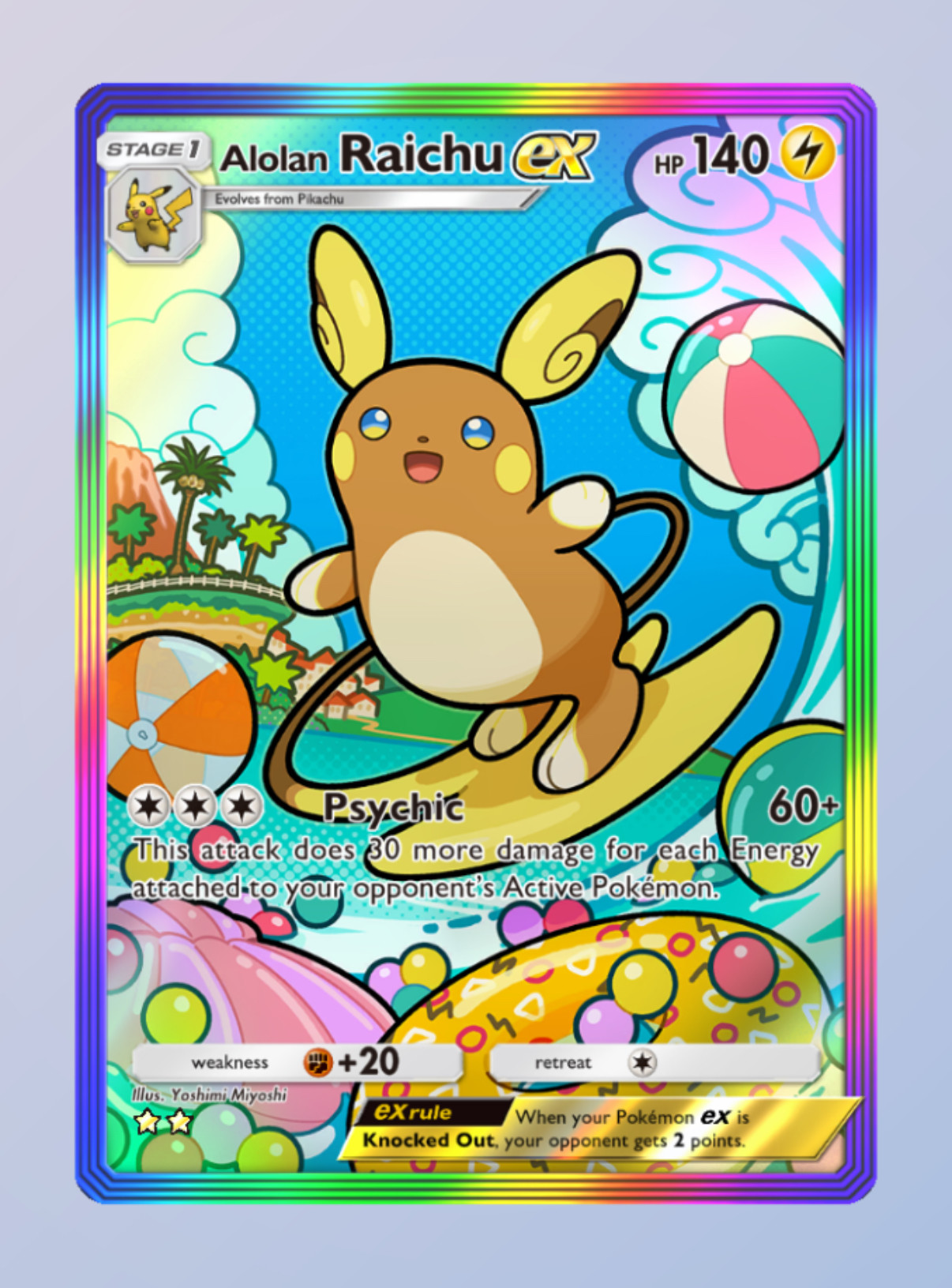 A colorful Alolan Raichu ex Pokémon card.