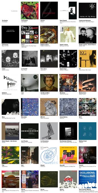 Collage des pochettes des albums de The Beatles (The Beatles), The Breeders (Last Splash), Carmine (Covers), Sarah Davachi (The Head As Form'd In The Crier's Choir), Einstürzende Neubauten (Kalte Sterne - Early Recordings -), ESP Summer (Mars Is A Ten), The Ex (Singles. Period. The Vinyl Years 1980-1990), Brigitte Fontaine (Brigitte Fontaine Est…), Brigitte Fontaine (Morceaux De Choix), Brigitte Fontaine, Areski Belkacem (Baraka 1980), France (Destino Scifosi), Le Fruit Vert (Paon Perdu), Pierre Henry (Labyrinthe !), Kassel Jaeger (Shifted In Dreams), KG (Come Closer, We're Cool), Kraftwerk (Minimum-Maximum), Liars (Liars), The Married Monk (The Belgian Kick), Mendelson (Seuls Au Sommet), Molchat Doma (Belaya Polosa), Mono (One Step More And You Die), Moonshake (Eva Luna [Deluxe Edition]), MV & EE (Space Homestead), Florian Nastorg (Réservoir), NLF3 (O Days), Kristen Noguès - John Surman (Diriaou), Jim O'Rourke (Halfway To A Threeway), Les Olivensteins (Les Olivensteins), Pan American & Kramer (Interior Of An Edifice Under The Sea), Matthias Puech (Cabanes), Pulp (Separations), Ride (Waves), Silvania (Avalovara), Stereolab (Instant Holograms On Metal Film), Tarentel (Ghetto Beats On The Surface Of The Sun [Part 1]), Tarentel (Ghetto Beats On The Surface Of The Sun [Part 2]), Various (Gilles Peterson Presents International Anthem), Various (Music Until Now), Various (NME C96) et quelques autres