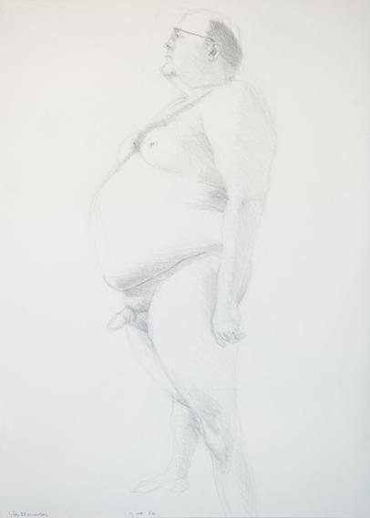 Drawing of an overweight male model, standing, naked