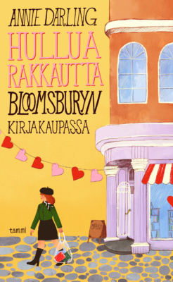 Hullua rakkautta Bloomsburyn kirjakaupassa -kirjan kannessa on piirros kivijalkakirjakaupan ovesta ja kadulla poispäin kaupasta kävelevä nainen.