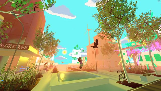 Screenshot of a very low-poly 3d street scene made with Godot, looking out onto the water, there is lots of greenery, trees and seating, as well as a kid jumping into a fountain and a crow frozen in mid-air.