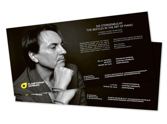 Flyer for the Planetarium Hamburg showing a white dude on a black background with white text next to him.