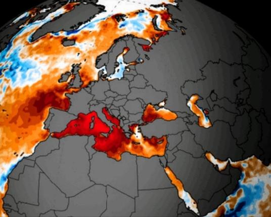 A heat map of sea surface temperatures or anomalies, centered at the Mediterranean. It ha no scale nor title, but you can see that bothe the Mediterranean and the bay of Biscay (West of France and Spain) are hot