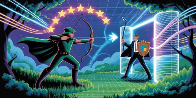 A digital illustration of Robin Hood, cloaked and hooded, poised within a vibrant, interconnected data landscape representing Sherwood Forest. He holds a digital bow and arrow, aiming towards a shimmering firewall guarded by the Sheriff of Nottingham, depicted as a figure resembling Donald Trump in a business suit with a Microsoft logo emblazoned on his shield. The backdrop features a swirling nebula of European stars and open-source symbols, illuminated by cool neon accents and dynamic light trails, enhancing the futuristic, technological atmosphere. A subtle grid pattern overlays the scene, reinforcing the concept of a data-driven forest.