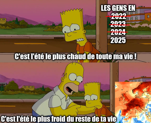 meme "bart worst day of my life"

Bart = les gens en 2022 (barré) 2023 (barré) 2024 (barré) 2025 : 
c'est l'été le plus chaud de tout ma vie !

Homer avec une carte de la canicule : c'est l'été le plus froid du reste de ta vie