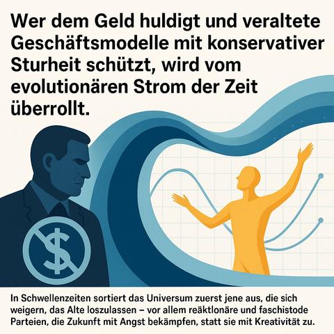 Diese sachlich-visuelle Illustration zeigt auf der linken Seite eine konservative, ernste Figur mit einem übergroßen Dollarzeichen auf der Brust – Symbol für die Fixierung auf materielle Werte und Besitz. Die Figur steht unbeweglich vor einer aufbrandenden Welle, die für den evolutionären Wandel steht. Rechts erhebt sich eine goldene Gestalt, offen, leicht, zukunftsgewandt, mit ausgebreiteten Armen – Symbol für Kreativität, Loslassen und Aufbruch in eine neue Ära.
Im Hintergrund verlaufen Wachstumskurven, die suggerieren: Der wahre Fortschritt liegt nicht im Festhalten, sondern im Mitgehen.

Deutung:
Gerade jene, die in der materiellen Welt viel besitzen, haben am meisten Angst vor Verlust. Sie klammern sich an Kapital, Einfluss und alte Geschäftsmodelle – aus Angst, alles zu verlieren. Doch was, wenn genau dieser Verlust ein Gewinn ist? Wenn die alte Welt stirbt, damit eine bessere geboren wird? Dieses Bild fragt: Wer erklärt es ihnen?

⸻

📌 Image Description (English):

This clean, infographic-style image shows a stern, conservative figure on the left with a large dollar symbol on his chest – a representation of attachment to material wealth and outdated systems. Facing a powerful wave of change, he stands still, while on the right, a golden figure rises, open and light, symbolizing creativity, renewal, and the courage to evolve.
Behind them, growth curves subtly suggest: real progress lies in moving forward, not in holding back.

Interpretation:
Those who possess the most 