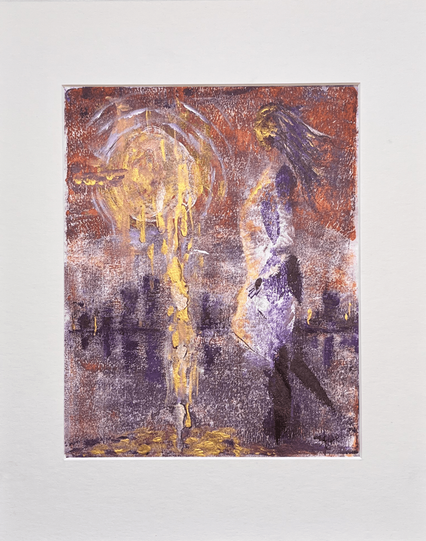 monoprint painting on ricepaper by Françoise Vaal, depicting a woman figure harvesting golden light that  is dripping from the moon.