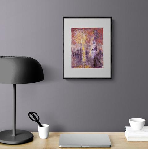 photo of monoprint painting on ricepaper by Françoise Vaal, depicting a woman figure harvesting golden light that  is dripping from the moon, in an office setting.