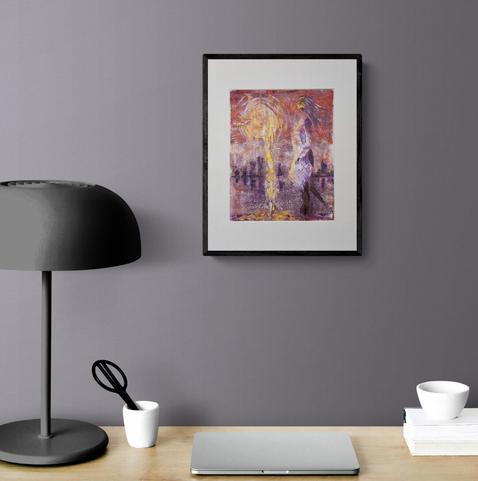 photo of monoprint painting on ricepaper by Françoise Vaal, depicting a woman figure harvesting golden light that  is dripping from the moon, in an office setting.