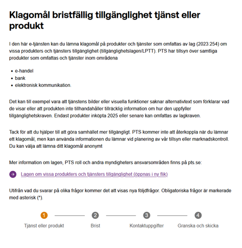 Klagomål bristfällig tillgänglighet tjänst eller produkt