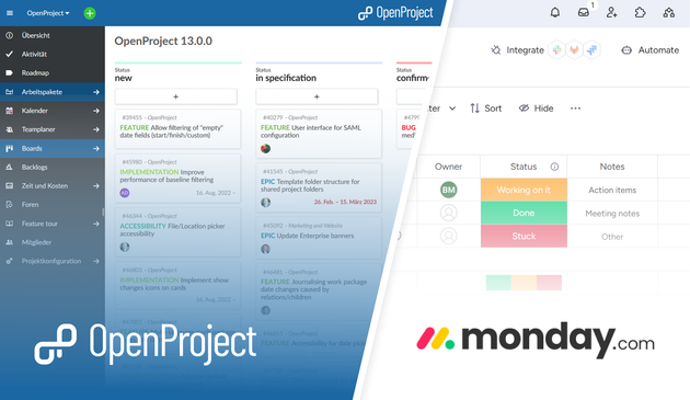 Split-screen graphic comparing OpenProject and Monday .com.