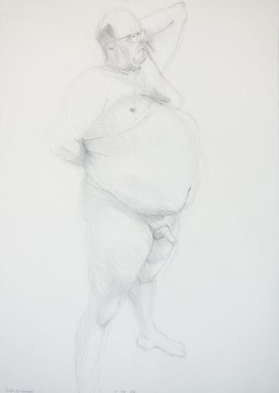 Drawing of an overweight male model, standing, naked