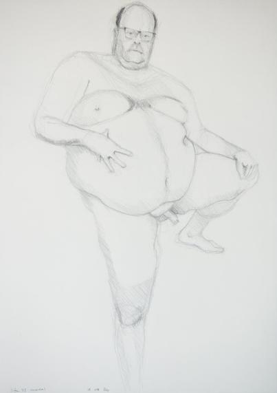Drawing of an overweight male model, standing, naked