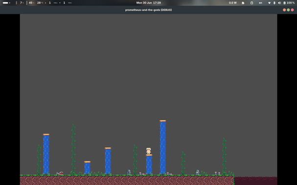 small pixel art person stands on platform suspended by a column of water. More water columns are seen to the left and right. There is grasses, vines, and small wine glasses on the floor.