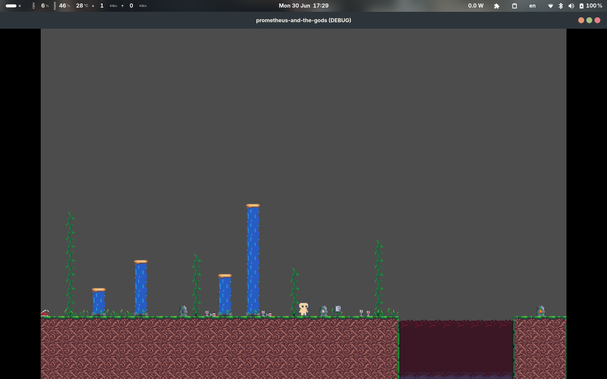 Pixel art player interacting with totem, and there is a small E key that shows up opposite to the player. Water columns can be seen behind the player. Grasses, vines, and small wine glasses can also be seen on the floor