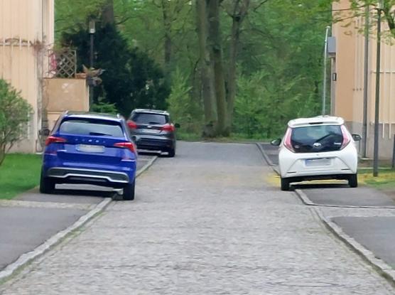 Eine Straße, die rechts und links von einem Gehweg gesäumt wird. Beide Gehwege sind vollständig von parkenden PKW blockiert - die Straße ist dafür frei. Im Hintergrund ein Wald, seitlich der Gehwege Grünflächen und Gebäude.