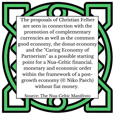 The proposals of Christian Felber are seen in connection with the promotion of complementary currencies as well as the common good economy, the donut economy and the "Caring Economy of Partnerism" as a possible starting point for a Nua-Celtic financial, monetary and economic order within the framework of a post-growth economy (© Niko Paech) without fiat money. Source: The Nua-Celtic Manifesto