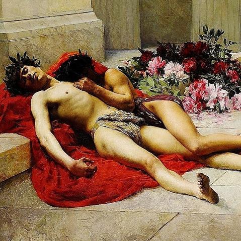 To men, naked but for head garlands and loinclothes, lying asleep, unconscious or dead upon a red cushion, surrounded by flowers, against a marble facade.