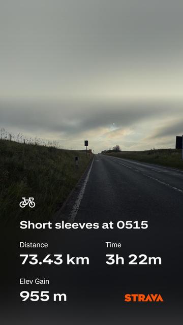The road towards the Standedge Cutting  is shown in the image, with fields on either side. Text overlays indicate cycling details: distance of 73.43 km, time of 3 hours 22 minutes, and elevation gain of 955 meters.