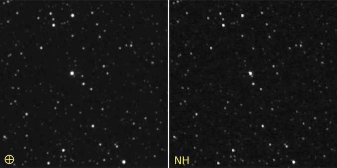 A stereo pair, suitable for crossed-eyed viewing, showing Proxima Centauri shifted slightly against a background of other stars.