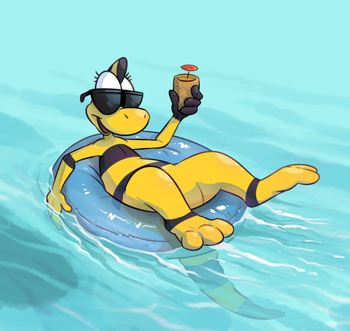 Full resolution artwork of Zniw on a pool ring holding a drink. Promo artwork from Zniw Adventure