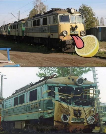 Locomotive licks a lemon. Locomotive's face gets messed up