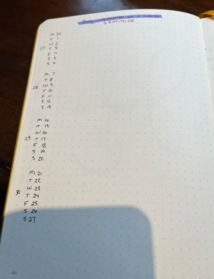 The daily gratitude section of a bullet journal. Just a list of weeks with spaces to write what I'm thankful for.
