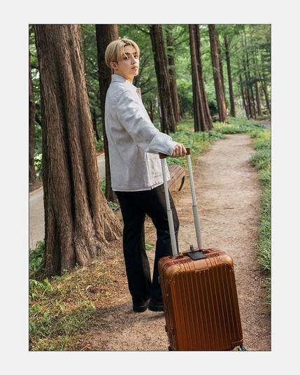 S.Coups and his suitcase in the park!