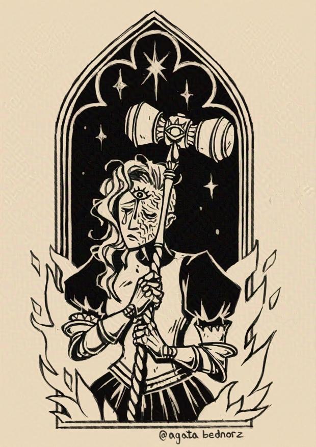 You see a female knight with half of her face burned. On her forehead she has a tattoo of an open eye that cries a tear. She is hugging a decorated hammer with both hands. Her eyes are closed and she cries. In the background is a fire and a night sky.