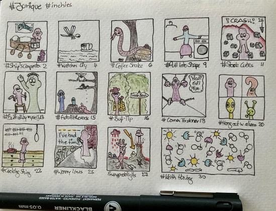 A colorful grid of whimsical illustrations depicting various characters and scenes, each associated with a hashtag. The drawings include playful interpretations of concepts such as "ship's suspension," "coffee snake," "alien hangouts," and other imaginative themes. The art is cartoon style.