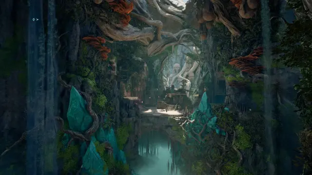 Avowed screenshot of an underground scene with large roots and fungal growths covering the walls and crystal outcroppings. A foggy river runs at the bottom, while water falls and trickles down the sides.