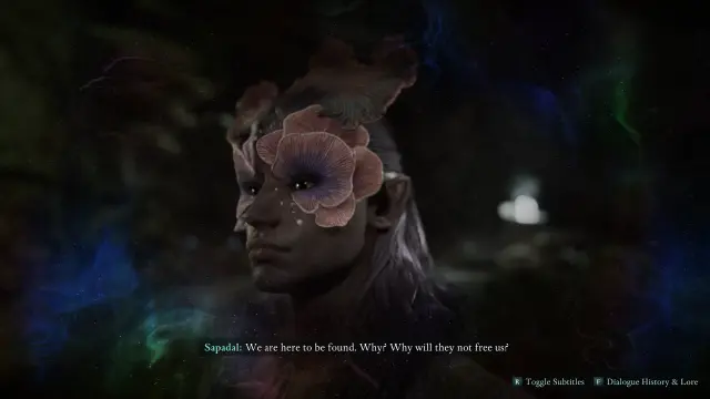 Closeup of my Avowed character. Symetrical fungal growths spread around their eyes, and a larger growth swoops up from their forehead. 

Sapadal: We are here to be found. Why? Why will they not free us?