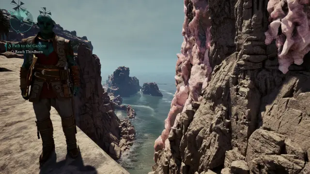 Avowed screenshot of Kai standing at a cliff side in front of the ocean. The cliffs have large areas of pink crystals embedded in the rock.