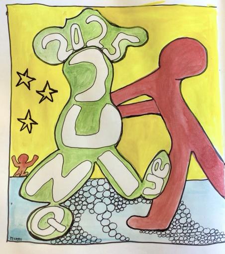 Zeichnung aquarelliert im Stil von Keith Haring: Eine grüne Figur, in deren Körper „2025 JUNIque“ verteilt in den Gliedern, in weißen Buchstaben steht. Diese Figur „läuft“ nach rechts, wird aber dort von einer roten Figur, mit ausgestreckten Armen davon abgehalten. Der Hintergrund ist gelb, links drei Sterne, darunter eine kleine rote Figur, die beide Arme hochhält. Der untere Teil ist hellblau, anstelle von Schatten der großen Figuren, sind viele unterschiedlich große Kreise zu sehen.