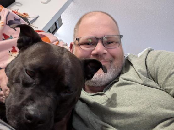 Selfie with Pepper (Black Lab / Staffy Mix) and me.
