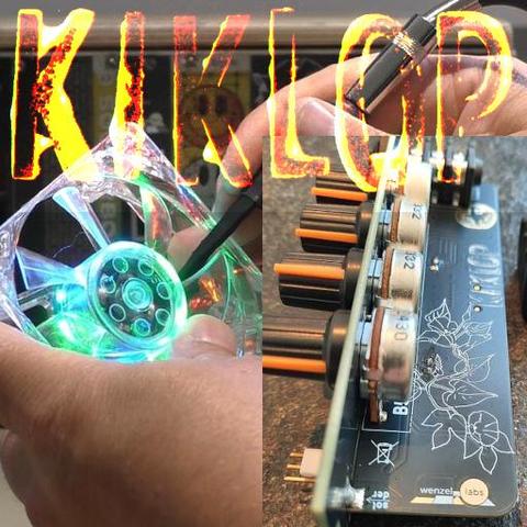 image composition, large letters "KIKLOP" in burning colors, two photos, in one a hand holds a RGB fan, and the other shows a eurorack module with four knobs