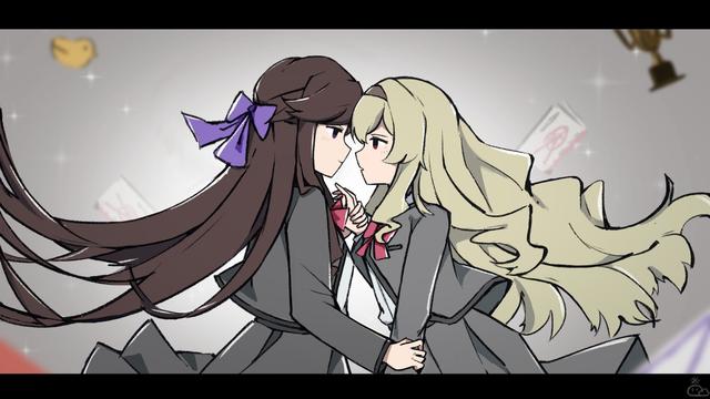 Danbooru tags: 2girls blonde_hair brown_hair eye_contact fly_me_to_the_star_(revue_starlight) hairband highres jacket letterboxed long_hair looking_at_another mebachi_(style) multiple_girls parody saijou_claudine school_uniform seishou_music_academy_uniform shoujo_kageki_revue_starlight style_parody tendou_maya yunzi_(user_myht3223) yuri